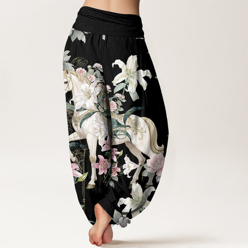 Buddha Stones Pure Cotton Romantic Horse Lily Peony Pattern Women's Elastic Waist Harem Pants - image 1