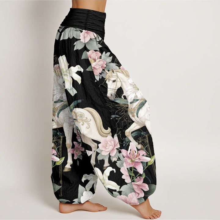 Buddha Stones Pure Cotton Romantic Horse Lily Peony Pattern Women's Elastic Waist Harem Pants - image 2