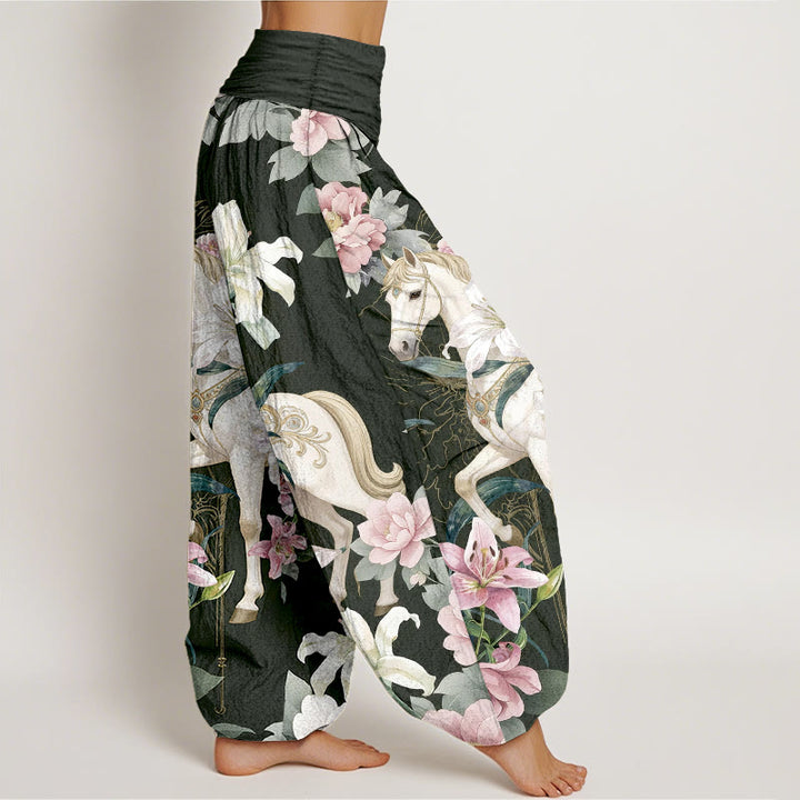 Buddha Stones Pure Cotton Romantic Horse Lily Peony Pattern Women's Elastic Waist Harem Pants - image 10