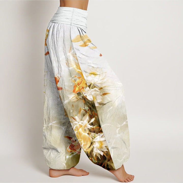 Buddha Stones Pure Cotton Light-Colored Koi Fish Lotus Flower Pattern Women's Elastic Waist Harem Pants - image 7