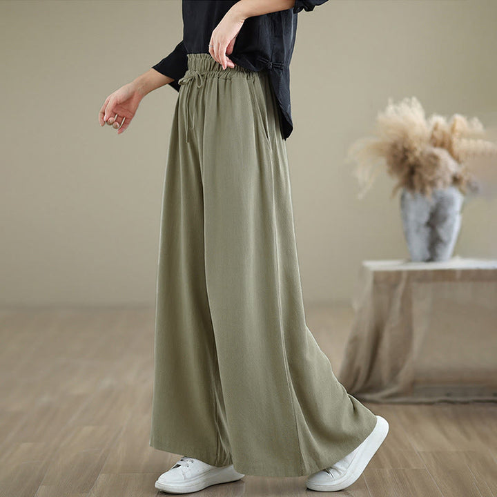 Buddha Stones Women's Pure Color Drawstring Cotton Linen Wide Leg Ankle-Length Pants With Pockets - image 3
