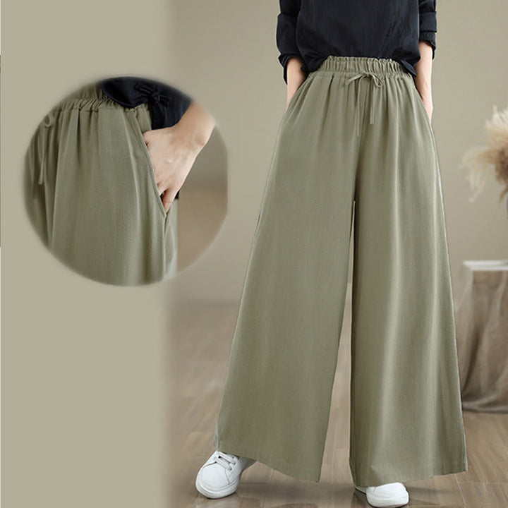 Buddha Stones Women's Pure Color Drawstring Cotton Linen Wide Leg Ankle-Length Pants With Pockets - image 11