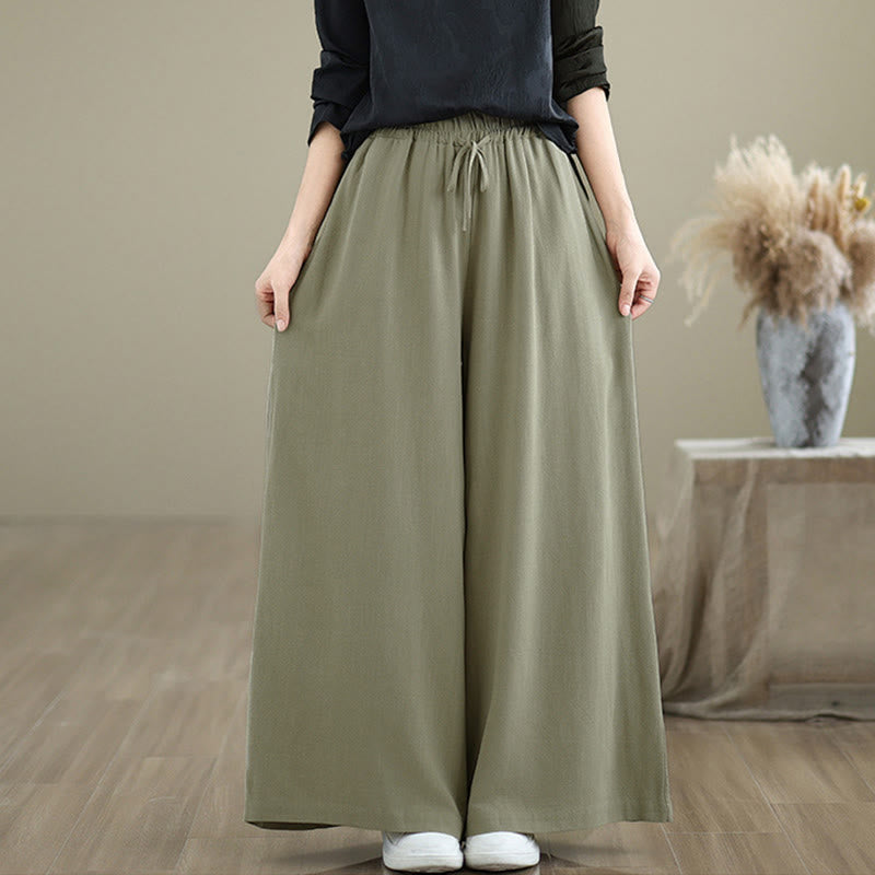 Buddha Stones Women's Pure Color Drawstring Cotton Linen Wide Leg Ankle-Length Pants With Pockets - image 4