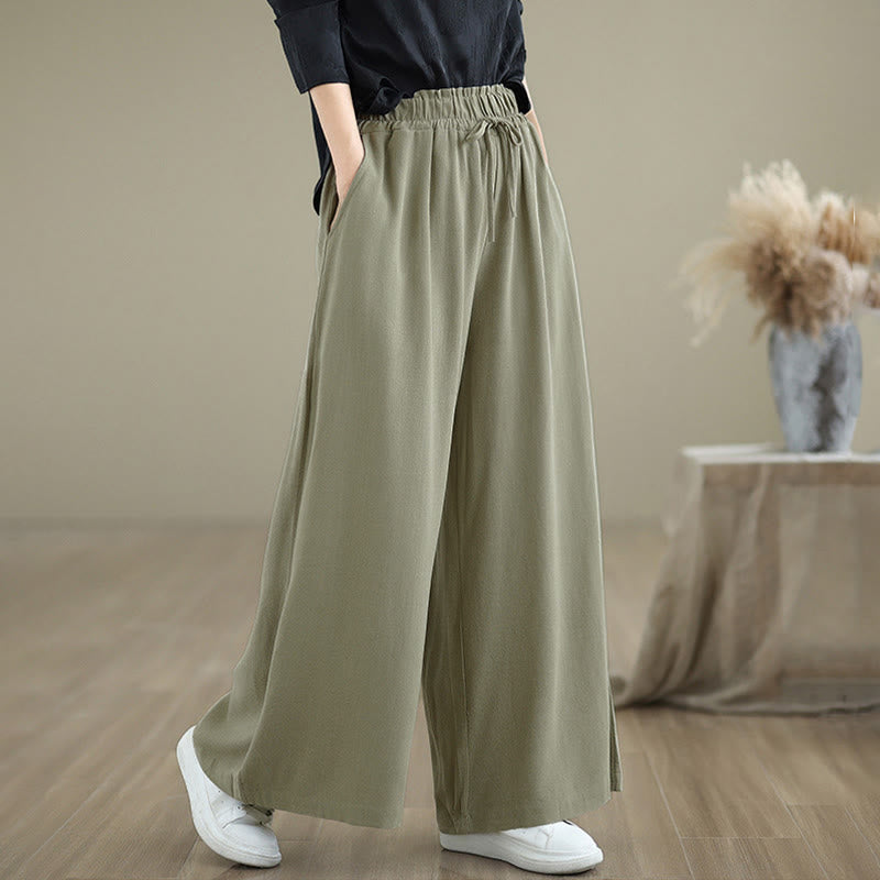 Buddha Stones Women's Pure Color Drawstring Cotton Linen Wide Leg Ankle-Length Pants With Pockets - image 2