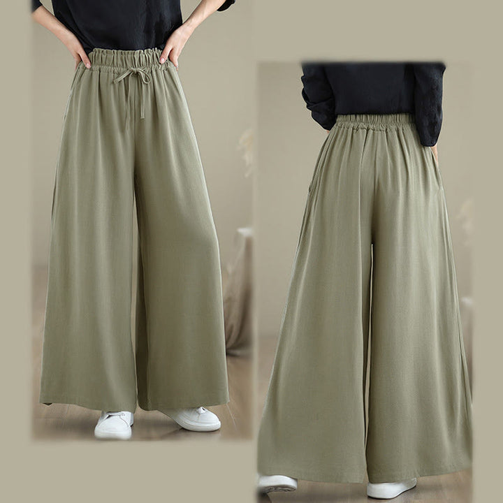 Buddha Stones Women's Pure Color Drawstring Cotton Linen Wide Leg Ankle-Length Pants With Pockets - image 13