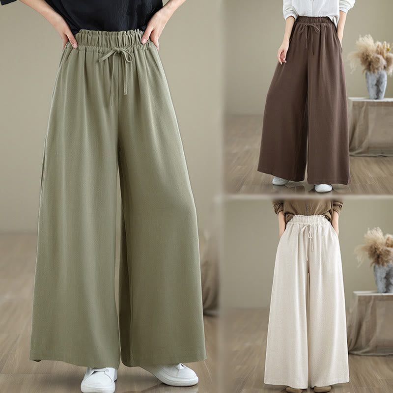 Buddha Stones Women's Pure Color Drawstring Cotton Linen Wide Leg Ankle-Length Pants With Pockets - image 27