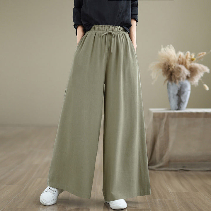 Buddha Stones Women's Pure Color Drawstring Cotton Linen Wide Leg Ankle-Length Pants With Pockets - DarkSeaGreen - US6，UK/AU10，EU38 (XL) - image 0