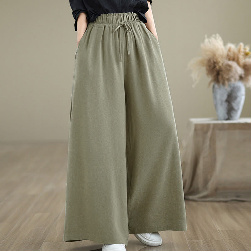 Buddha Stones Women's Pure Color Drawstring Cotton Linen Wide Leg Ankle-Length Pants With Pockets - image 1