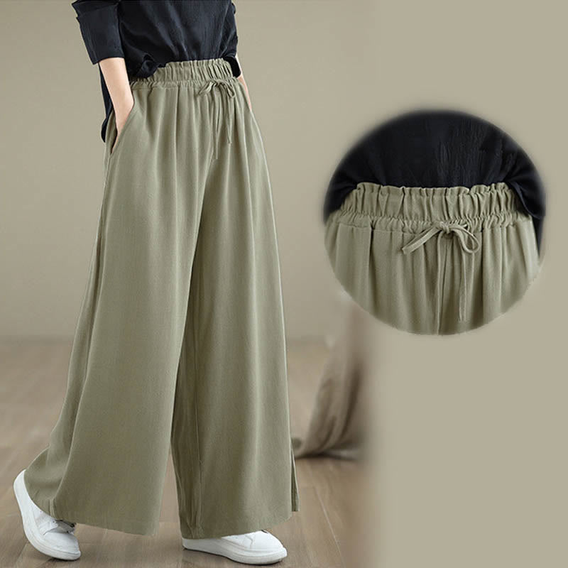 Buddha Stones Women's Pure Color Drawstring Cotton Linen Wide Leg Ankle-Length Pants With Pockets - image 10