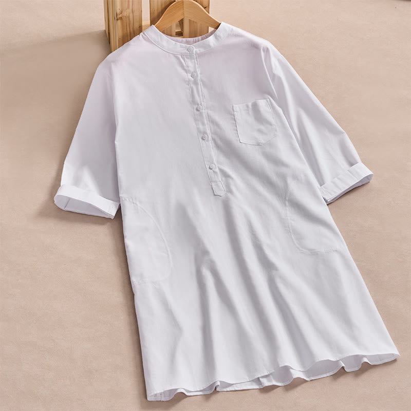 Buddha Stones Fall Solid Color Buttons Design Three Quarter Sleeve Cotton Women's Shirts With Pockets - White - US14，UK/AU18，EU46 (2XL) - image 8