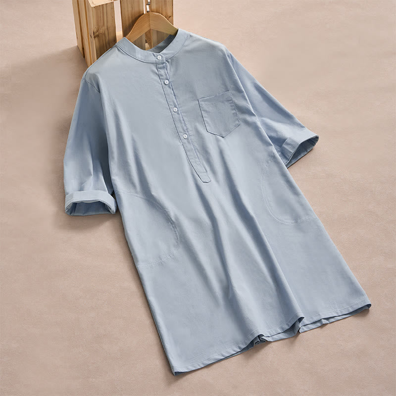 Buddha Stones Fall Solid Color Buttons Design Three Quarter Sleeve Cotton Women's Shirts With Pockets - LightBlue - US14，UK/AU18，EU46 (2XL) - image 0