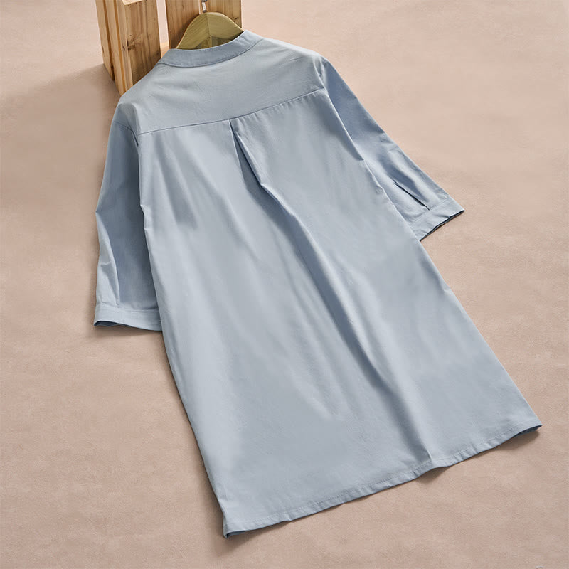 Buddha Stones Fall Solid Color Buttons Design Three Quarter Sleeve Cotton Women's Midi Dress With Pockets - image 1