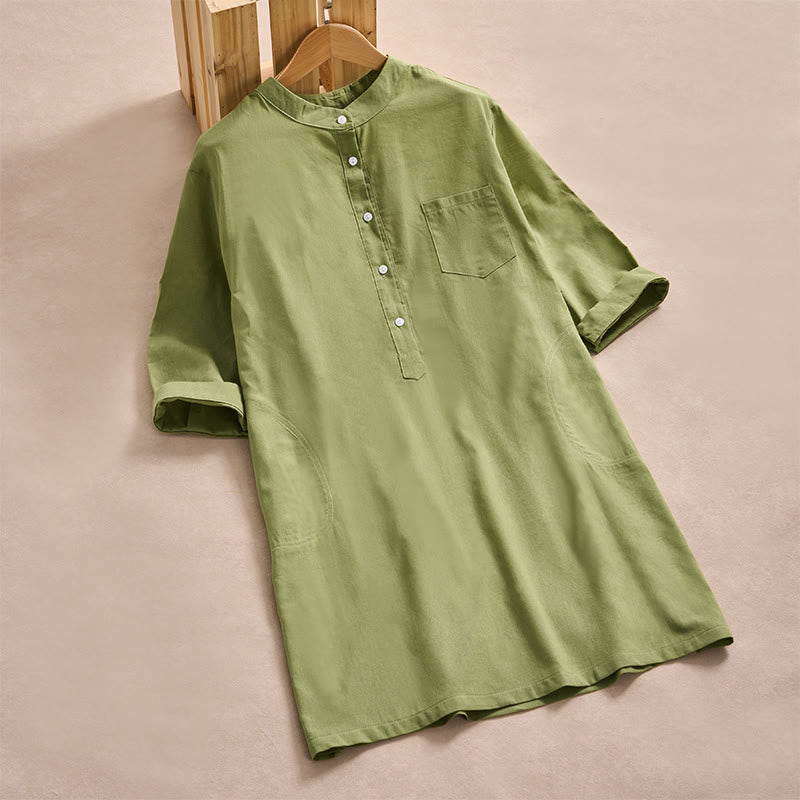 Buddha Stones Fall Solid Color Buttons Design Three Quarter Sleeve Cotton Women's Midi Dress With Pockets - YellowGreen - US14，UK/AU18，EU46 (2XL) - image 6