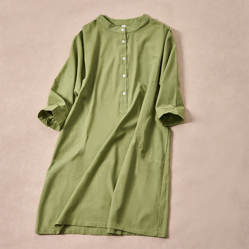 Buddha Stones Fall Solid Color Buttons Design Three Quarter Sleeve Cotton Women's Midi Dress With Pockets - image 7