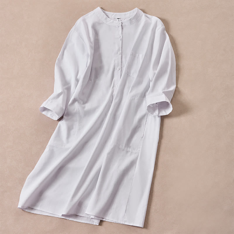 Buddha Stones Fall Solid Color Buttons Design Three Quarter Sleeve Cotton Women's Midi Dress With Pockets - image 9