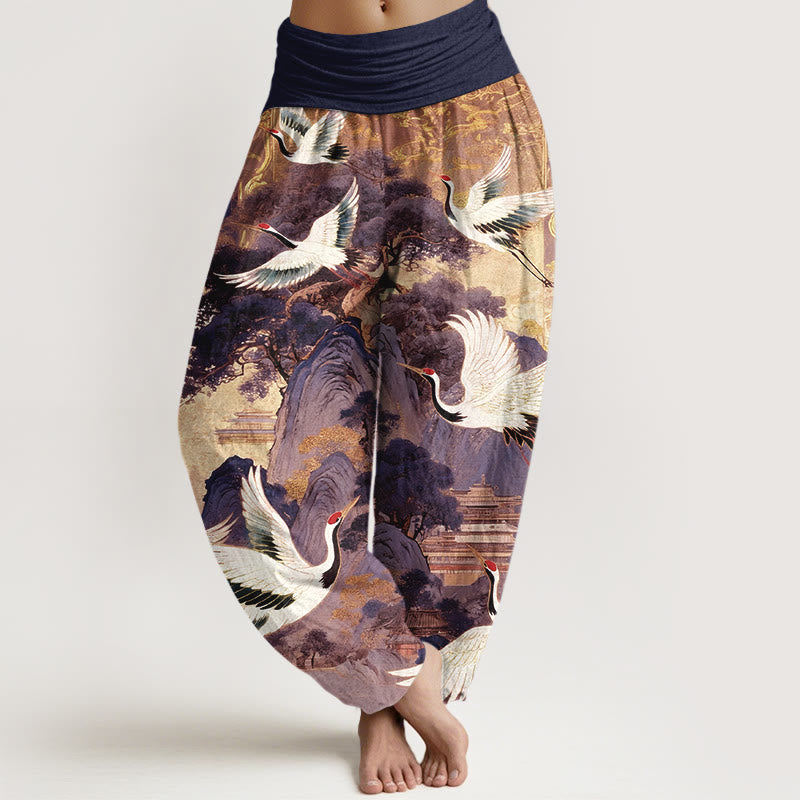 Buddha Stones Pure Cotton Gorgeous Crane Mountain Pine Tree Pattern Women's Elastic Waist Harem Pants - DarkViolet - US16，UK/AU20，EU48 (3XL) - image 5