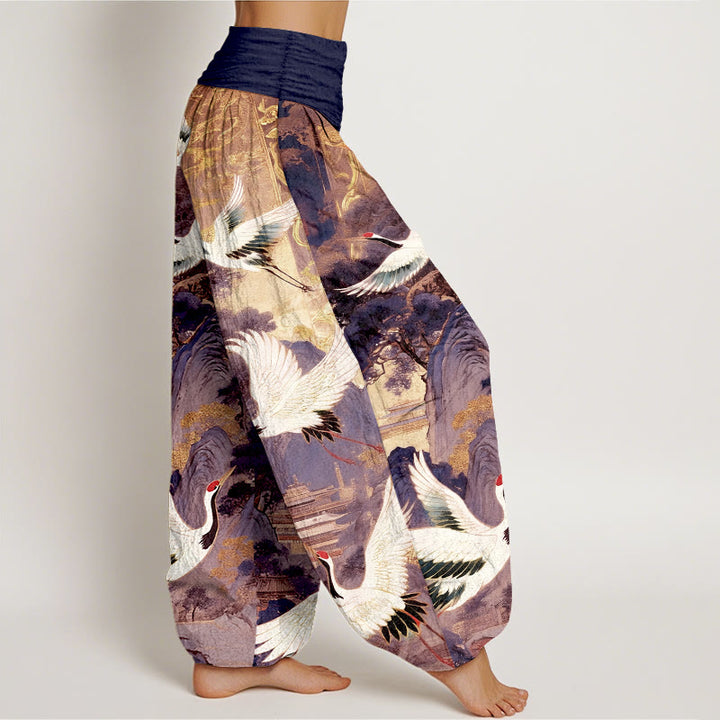 Buddha Stones Pure Cotton Gorgeous Crane Mountain Pine Tree Pattern Women's Elastic Waist Harem Pants - image 7