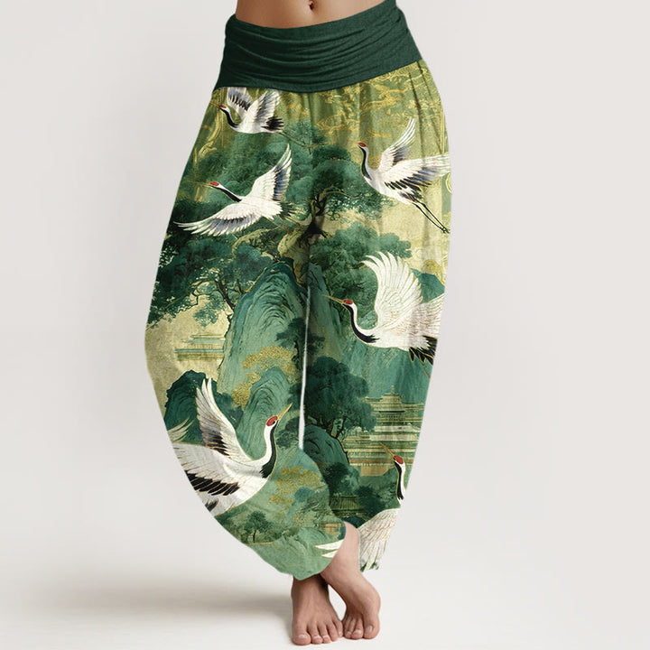 Buddha Stones Pure Cotton Gorgeous Crane Mountain Pine Tree Pattern Women's Elastic Waist Harem Pants - Green - US16，UK/AU20，EU48 (3XL) - image 8