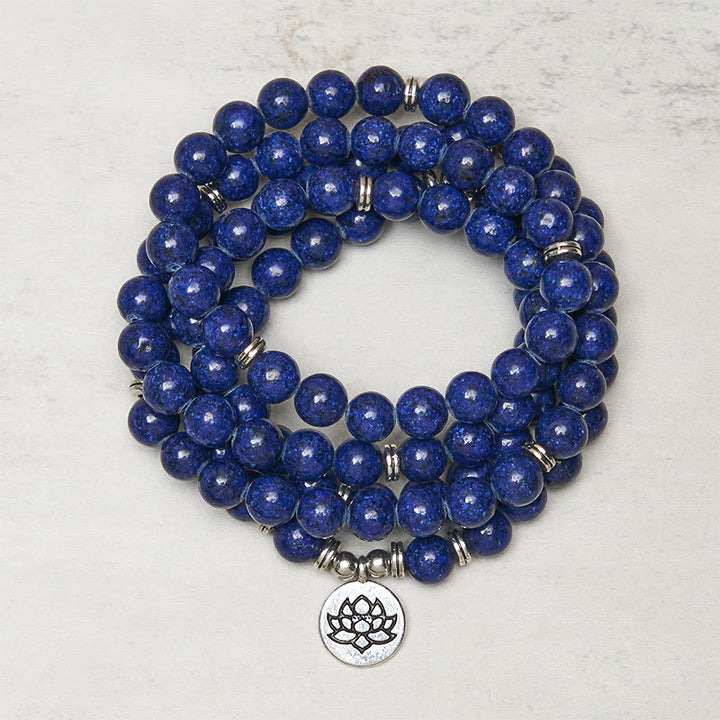 Buddha Stones 108 Beads Lazurite Lotus Symbol Charm Positive Mala - Lazurite(Wrist Circumference: 18-21 cm) - image 0