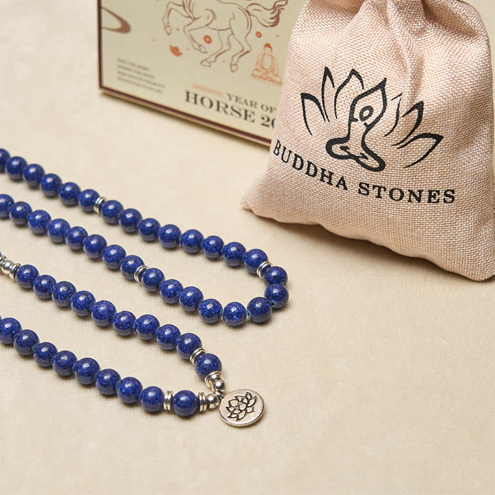 Buddha Stones 108 Beads Lazurite Lapis Lazuli Lotus Symbol Charm Positive Mala - image 5