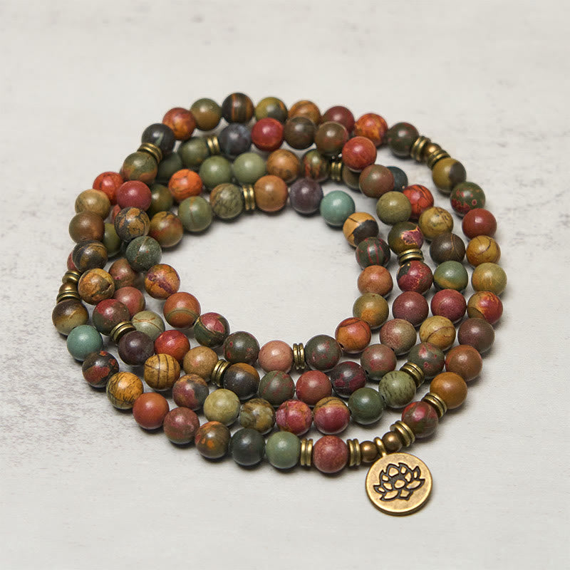 Buddha Stones Retro Lotus Symbol Charm Round Bead Red Turquoise Warm Mala - image 1