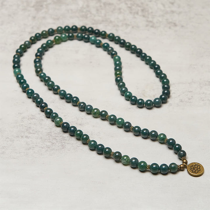 Buddha Stones Lotus Symbol Charm Round Bead Moss Agate Healing Mala - image 2