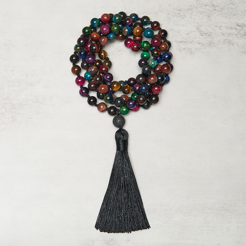 Buddha Stones Multicolored Yellow Tiger Eye Green Tiger Eye Blue Tiger Eye Red Tiger Eye Beaded Tassel Strength Mala - Tiger Eye - image 0