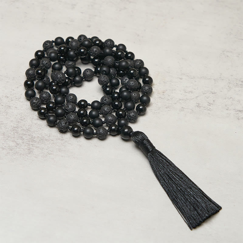 Buddha Stones 8mm Beads Black Onyx Lava Rock Tassel Protection Fortune Mala - Black Onyx&Lava Rock - image 0