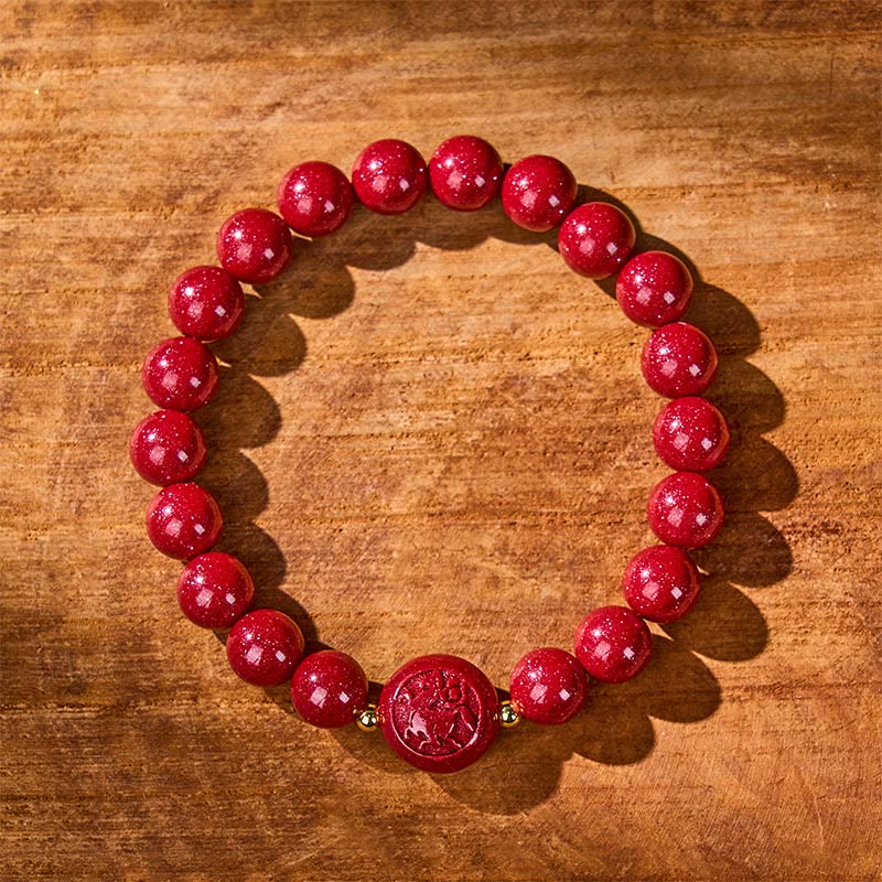 Buddha Stones Chinese Zodiac Year Of The Horse Carved Cinnabar Peaceful Blessing Bracelet - image 1