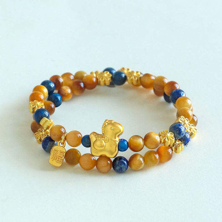 Buddha Stones Year Of The Horse Fu Character Lazurite Lapis Lazuli Tiger Eye Serenity Double Wrap Bracelet - image 10