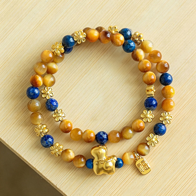 Buddha Stones Year Of The Horse Fu Character Lazurite Tiger Eye Serenity Double Wrap Bracelet - image 1