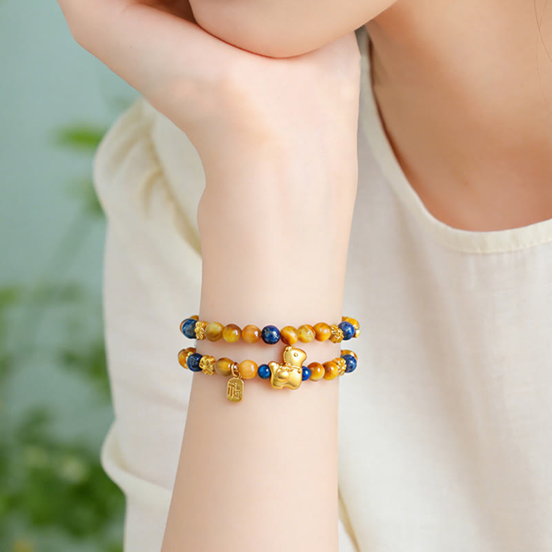 Buddha Stones Year Of The Horse Fu Character Lazurite Lapis Lazuli Tiger Eye Serenity Double Wrap Bracelet - image 4