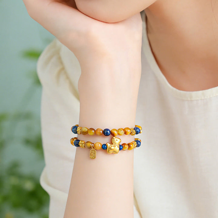 Buddha Stones Year Of The Horse Fu Character Lazurite Lapis Lazuli Tiger Eye Serenity Double Wrap Bracelet - image 4