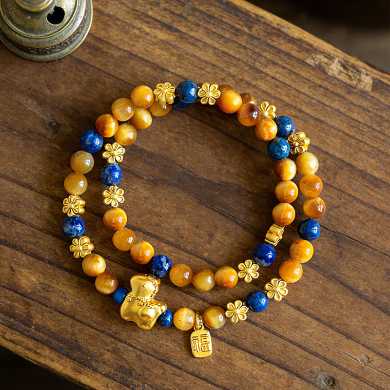 Buddha Stones Year Of The Horse Fu Character Lazurite Lapis Lazuli Tiger Eye Serenity Double Wrap Bracelet - image 3