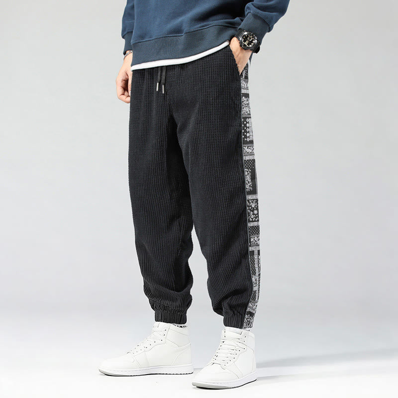 Buddha Stones Fall Solid Drawstring Side Paisley Pattern Straight Leg Ankle-length Corduroy Men's Pants With Pockets - image 2