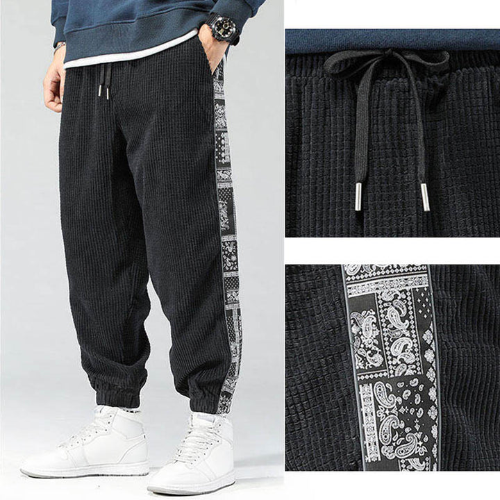 Buddha Stones Fall Solid Drawstring Side Paisley Pattern Straight Leg Ankle-length Corduroy Men's Pants With Pockets - image 8