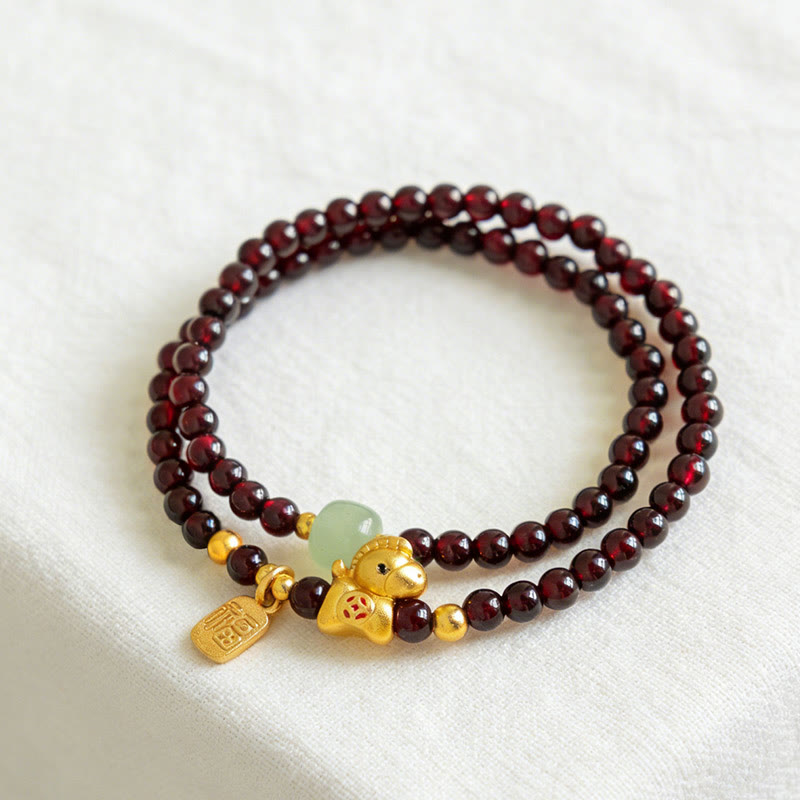 Buddha Stones Year Of The Horse Garnet Jade Fu Character Stability Double Wrap Bracelet - image 2