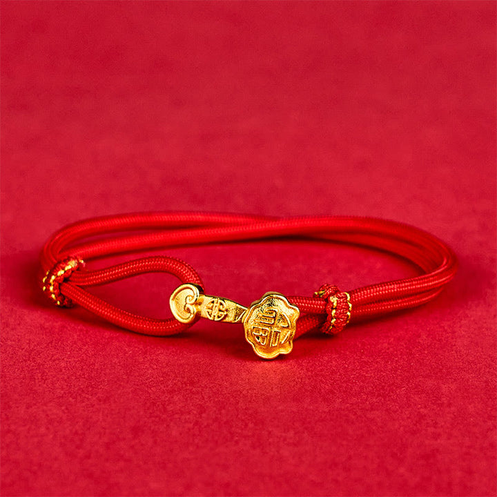 Buddha Stones Ruyi Handle Fu Character Copper Plated Gold Rope Adjustable Luck Bracelet - image 1