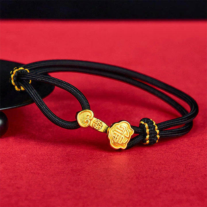 Buddha Stones Ruyi Handle Fu Character Copper Plated Gold Rope Adjustable Luck Bracelet - Black Rope(Wrist Circumference: 14-16cm) - image 6