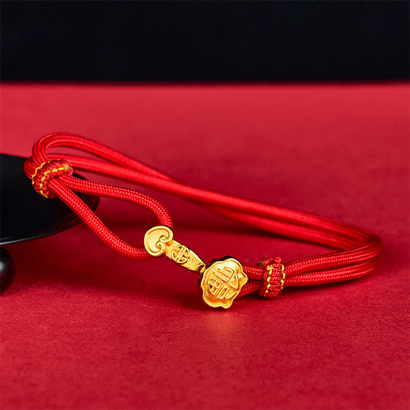 Buddha Stones Ruyi Handle Fu Character Copper Plated Gold Rope Adjustable Luck Bracelet - Red Rope(Wrist Circumference: 14-16cm) - image 0