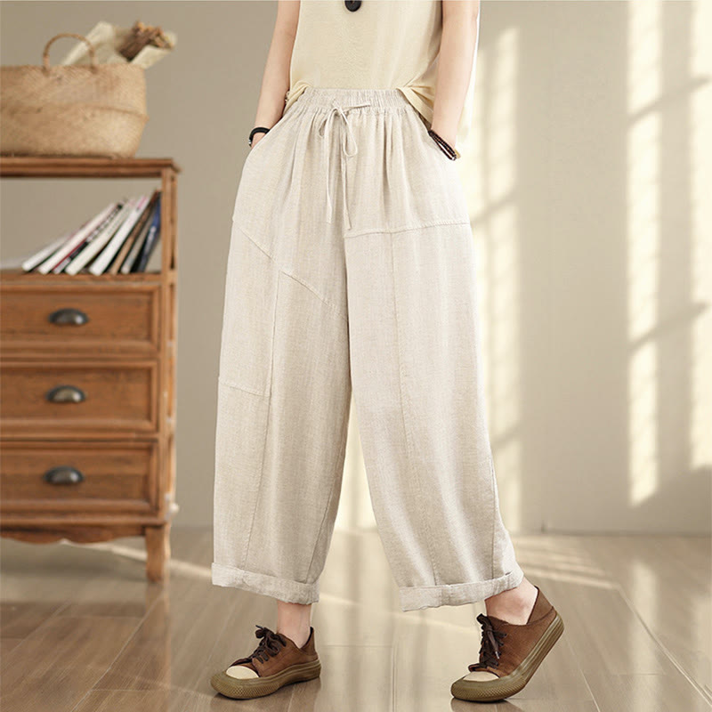Buddha Stones Women's Fall Plain Color Drawstring Cotton Linen 7-8 Length Pants With Pockets - image 1