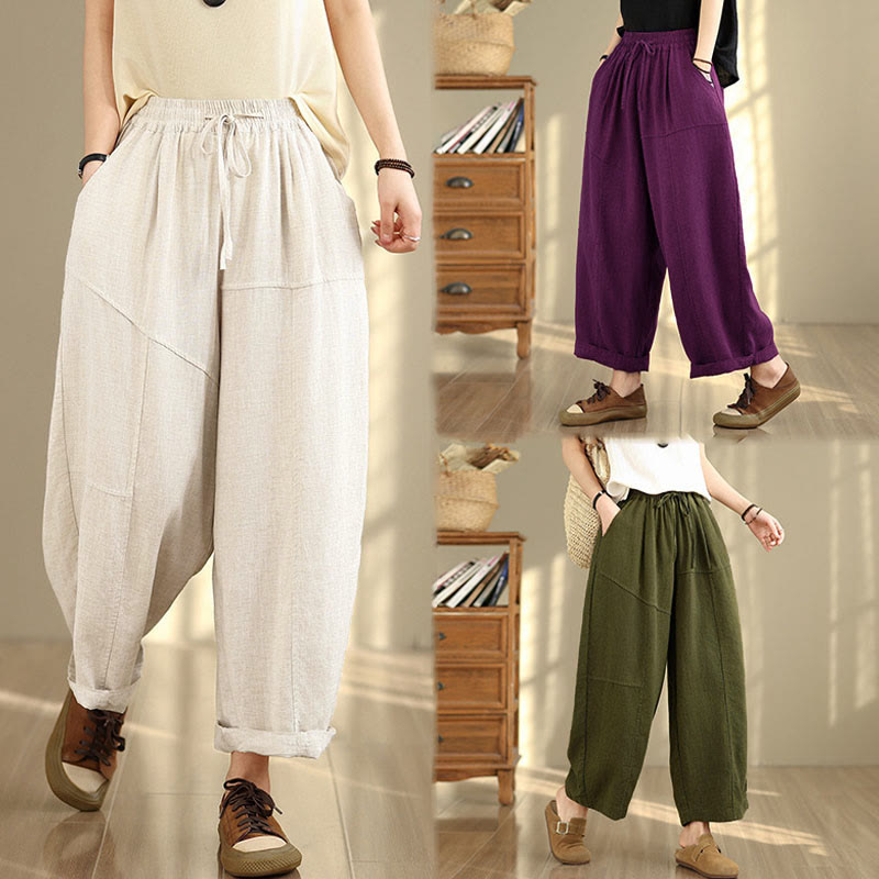 Buddha Stones Women's Fall Plain Color Drawstring Cotton Linen 7-8 Length Pants With Pockets - image 26