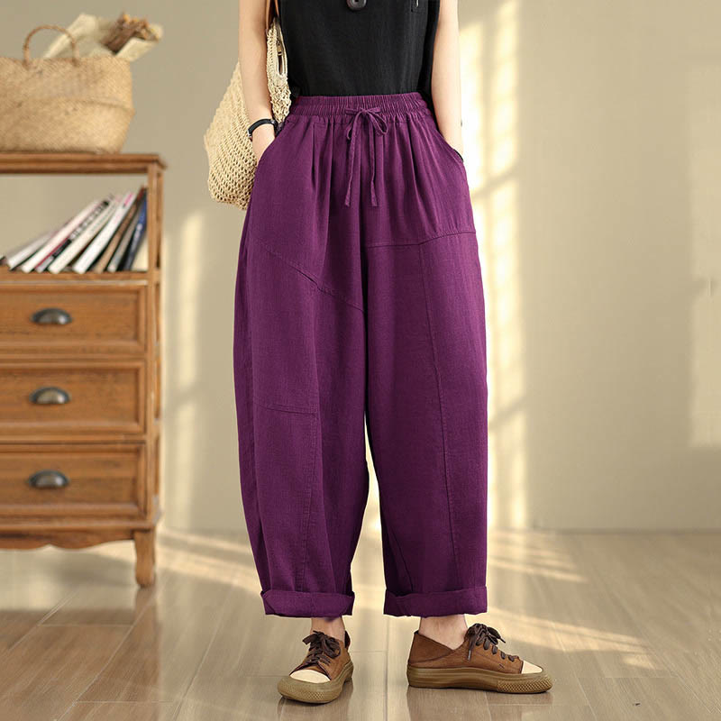 Buddha Stones Women's Fall Plain Color Drawstring Cotton Linen 7-8 Length Pants With Pockets - DarkMagenta - US12，UK/AU16，EU44 (2XL) - image 12