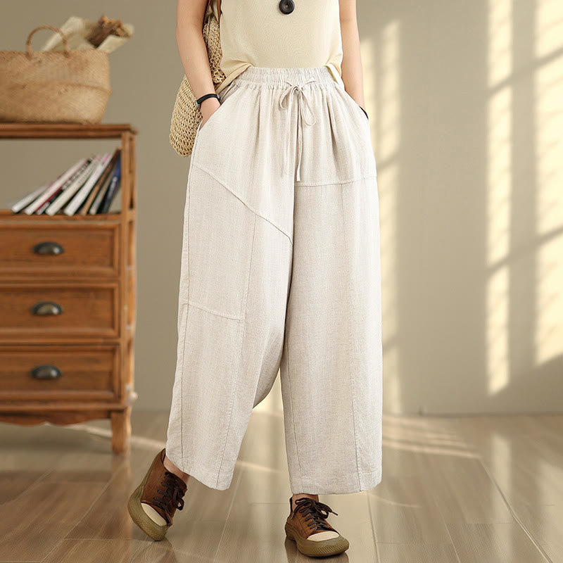 Buddha Stones Women's Fall Plain Color Drawstring Cotton Linen 7-8 Length Pants With Pockets - FloralWhite - US12，UK/AU16，EU44 (2XL) - image 0