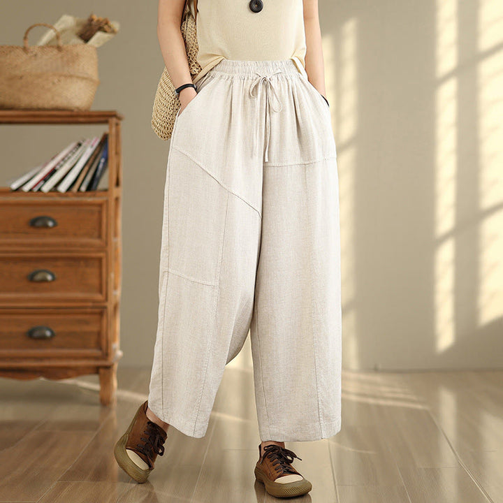 Buddha Stones Women's Fall Plain Color Drawstring Cotton Linen 7-8 Length Pants With Pockets - FloralWhite - US12，UK/AU16，EU44 (2XL) - image 0