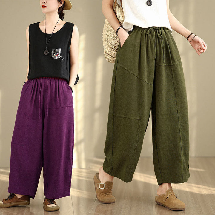 Buddha Stones Women's Fall Plain Color Drawstring Cotton Linen 7-8 Length Pants With Pockets - image 25