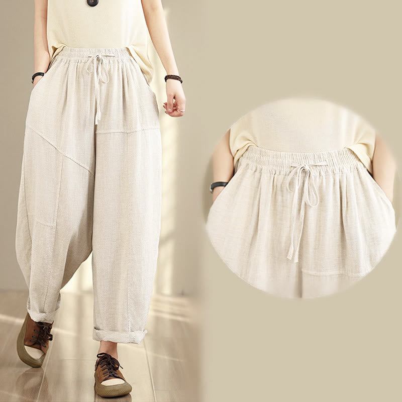 Buddha Stones Women's Fall Plain Color Drawstring Cotton Linen 7-8 Length Pants With Pockets - image 10