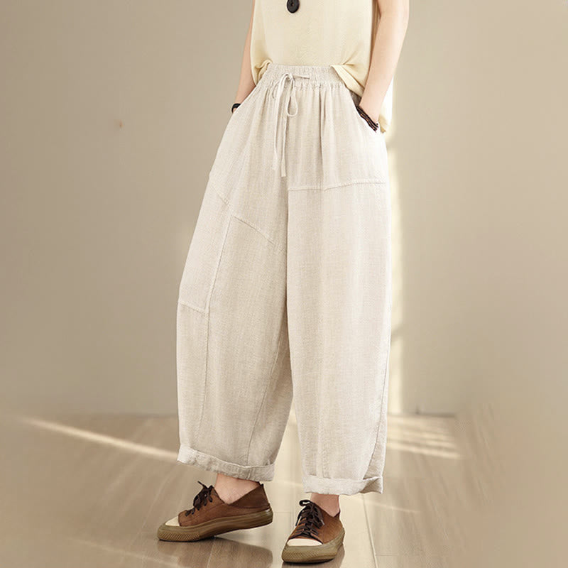 Buddha Stones Women's Fall Plain Color Drawstring Cotton Linen 7-8 Length Pants With Pockets - image 2