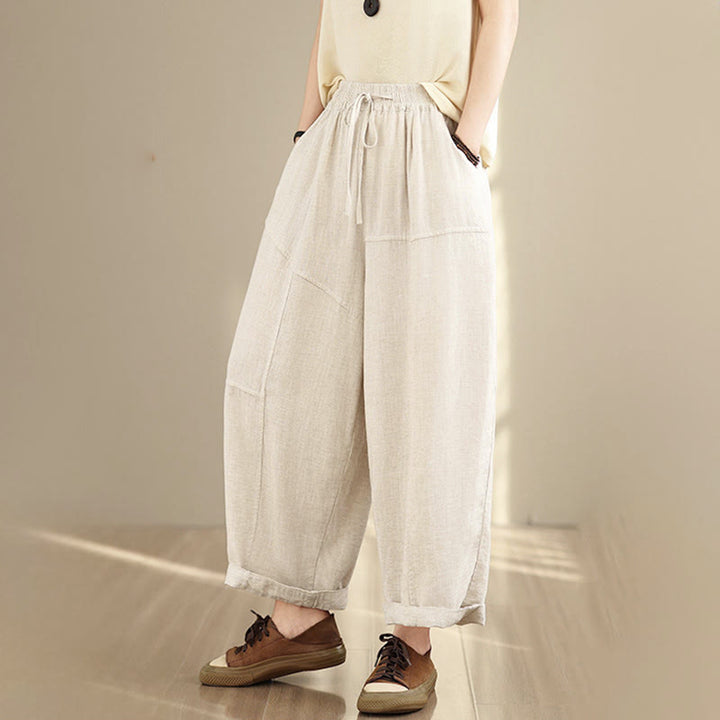 Buddha Stones Women's Fall Plain Color Drawstring Cotton Linen 7-8 Length Pants With Pockets - image 2