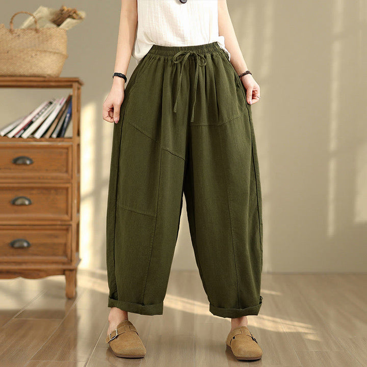 Buddha Stones Women's Fall Plain Color Drawstring Cotton Linen 7-8 Length Pants With Pockets - OliveDrab - US12，UK/AU16，EU44 (2XL) - image 19